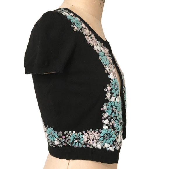 INC Black Bolero Cardigan With Iridescent Sequins & Turq/White Embroidery Size S - Picture 7 of 12